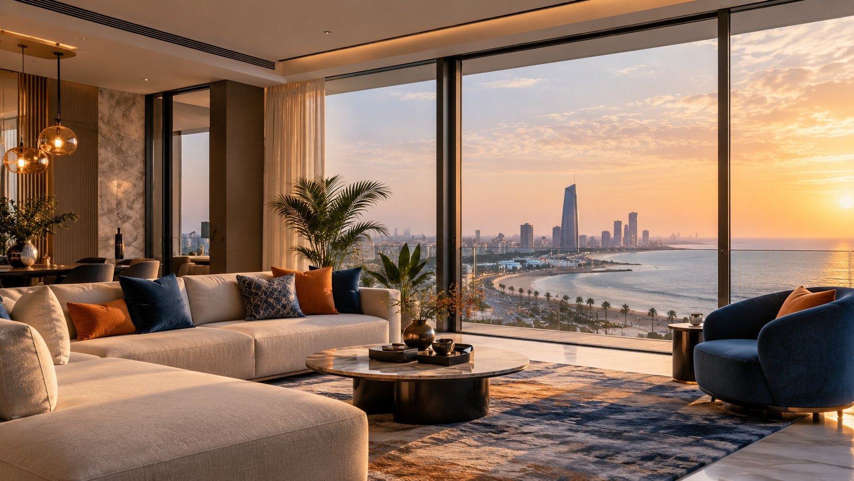 Bright living room with a Jeddah skyline view at RMZ Homes